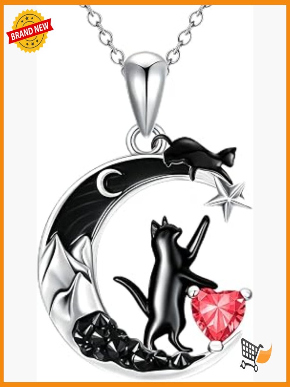 Sterling Silver Black Cat Pendant Necklace with Birthstone